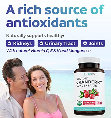 PURE CO - Pílulas Orgânicas de Cranberry – Concentrado 50:1 Equivale a 25.000mg de Cranberries Frescos (Vegano) para Saúde do Trato Urinário
