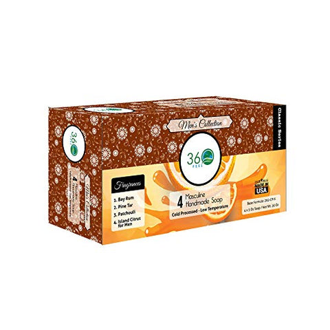 360Feel - Sabonete Artesanal 360 Feel para Homens – Fragrância Masculina – Patchouli, Alcatrão de Pinheiro com Cera de Abelha e Carvão Vegetal – Pack Presente – Sabonete Natural para Homens – Presente para Ele – Bay Rum – 4 Unidades (Pack de 1)