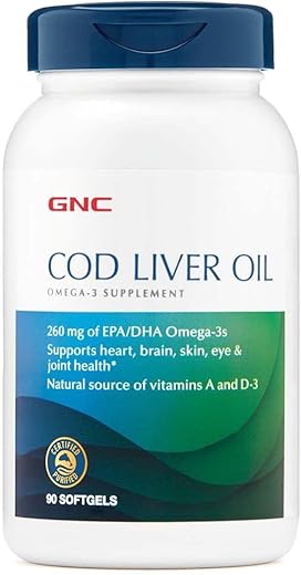 Óleo de Fígado de Bacalhau GNC – Rico em Ômega-3 e Vitaminas – 120 cápsulas de 1000mg