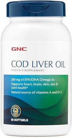 Óleo de Fígado de Bacalhau GNC – Rico em Ômega-3 e Vitaminas – 120 cápsulas de 1000mg