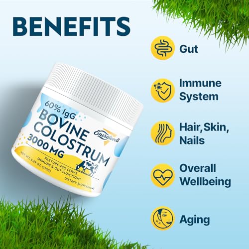 Energievoll - Suplemento em Pó de Colostro Bovino – 60%% IgG 3000 mg para Intestino, Crescimento Capilar, Beleza e Imunidade, Fácil de Misturar, Sem Sabor (50 Porções)