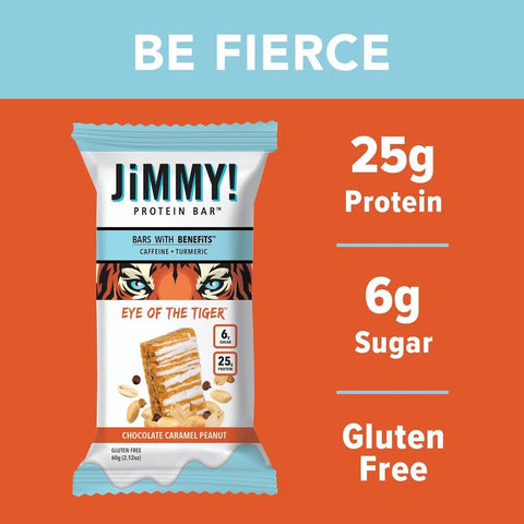 JIMMYBAR - JiMMY’S! Barra de Proteína Funcional – Caramelo Chocolate Nut – Eye of the Tiger – 12 Unidades – Barra de Proteína de Alto Desempenho com Cafeína e Cúrcuma – Baixo teor de açúcar, 25g de Proteína