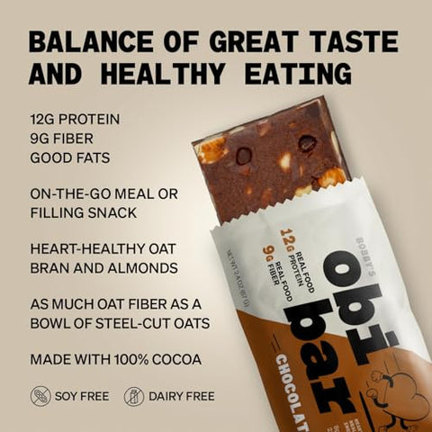 Bobby's obi bar - Obi Bar Chocolate – Reposição em 2 de Nov | Proteína e Fibra de Aveia | Natural | Substituto de Refeição ou Lanche Satisfatório | Saúde do Coração e Intestinal | Levemente Doce | Brownie de Chocolate | 100g