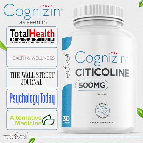 Teaveli - Cognizin Citicoline – 500mg Suplemento de CDP Colina – Estudo Clínico Comprovado para Apoiar Clareza, Concentração e Memória – Forma Mais Bioacessível de Colina – Marca Cognizin
