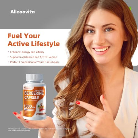 Allcoovita - Berberine Plus Cápsulas – 1500mg por Porção – 120 Unidades – HCI de Berberina – Canela Ceylon Pura – Suplemento de Raiz de HCI de Berberina