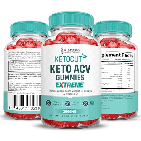 Justified Laboratories - (2 Pacotes) Gomas Ketocut Keto ACV Extreme 2000MG Keto Cut Gomas Keto Vinagre de Maçã Formulado com Suco de Romã em Pó B12 Vegano Não GMO 120 Gomas