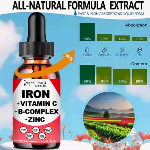AMENQ hHEALTH - Suplemento Líquido de Ferro com Vitamina C, A, Complexo B – Gotas Veganas de Ferro de Alta Potência