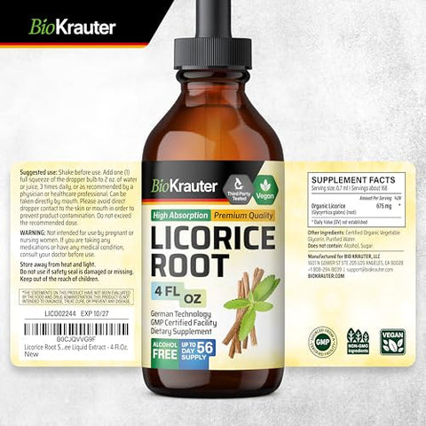 BIO KRAUTER - Licorice Root Tincture – Extrato de Raiz de Alcaçuz para Suporte à Saúde Digestiva – Livre de Álcool e Açúcar – Gotas Veganas 118 ml