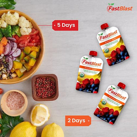 FastBlast - Smoothie de Banana-Berry Orgânico Certificado pelo USDA – Marca: Primeiro Texto: Delicioso e Saudável