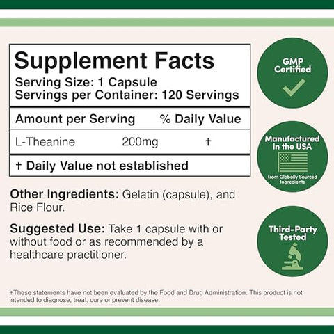 Double Wood Supplements - L-Theanine 200mg, 120 Cápsulas (Sem Soja, Sem Glúten, Não-OGM, Testado por Terceiros) Sinergia com Magnésio L-Treonato e Apigenina por Double Wood