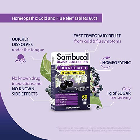 Alívio de Resfriado e Gripe – Medicamento Homeopático para Resfriado, Remédio para Adultos, Sabugueiro Negro para Resfriados, Remédio para Gripe com Zinco – 60 Comprimidos - Sambucol