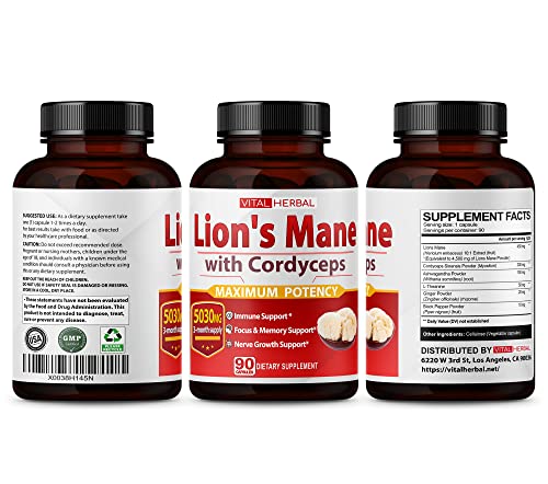 ASTART - VITAL HERBAL Cápsulas de Cogumelo do Leão com Cordyceps Equivalente a 5030mg – Máxima Potência Suplemento Cerebral L-Theanine Ashwagandha para Foco Memória Energia Humor Suporte 90