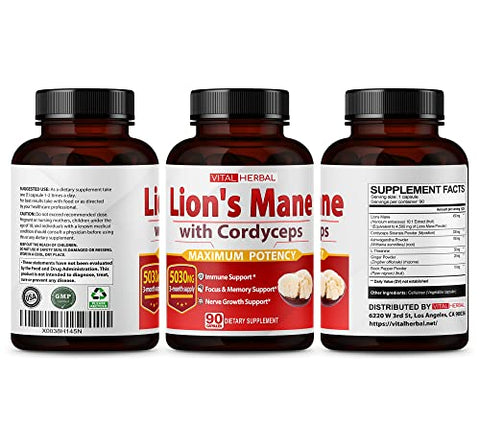 ASTART - VITAL HERBAL Cápsulas de Cogumelo do Leão com Cordyceps Equivalente a 5030mg – Máxima Potência Suplemento Cerebral L-Theanine Ashwagandha para Foco Memória Energia Humor Suporte 90