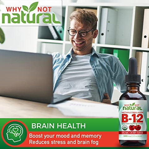 Why Not Natural - Vitamina B12 Líquida Orgânica Natural – Sublingual Extra Forte 60 x 5000 mcg Gotas de Metilcobalamina, Vegana, Máxima Absorção e Energia