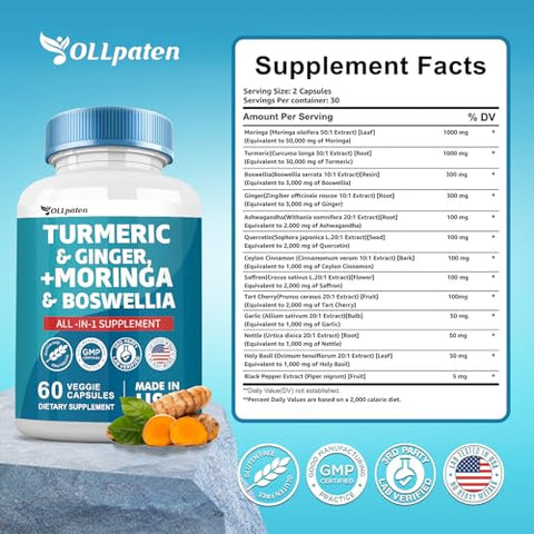 OLLpaten - Turmeric Curcumin 30000mg Moringa 50000mg Ginger 3000mg Boswellia 3000mg Saffron 2000mg – Suplemento All-in-One para Mulheres e Homens com Quercetina, Cereja Tart, 60 Cápsulas