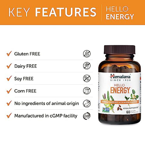 Hello Energy – Suplemento Herbal com Ashwagandha, Amla, Haritaki – Suporte Diário de Energia, Positividade, Metabolismo – Livre de Cafeína, Sem Glúten, Não-OGM, Vegano – 60 Cápsulas - Himalaya