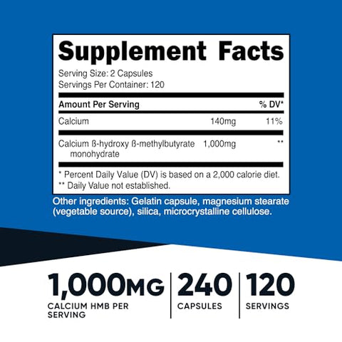 HMB 1000mg (240 Cápsulas) – 500mg por Cápsula, 120 Porções – Livre de Glúten e Não-OGM - Nutricost