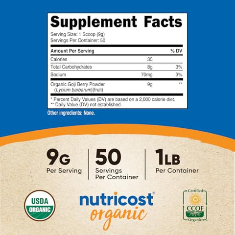 Goji Berry em Pó Orgânico (454g) – Certificado Orgânico pelo USDA, Sem Glúten, Não-OGM, Vegetariano - Nutricost