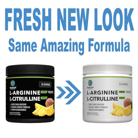 BlueEarth Company - L-Arginina 5000mg L-Citrulina 2000mg Pó Complexo – Impulsionador de Óxido Nítrico – Saúde Cardíaca, Circulação, Energia