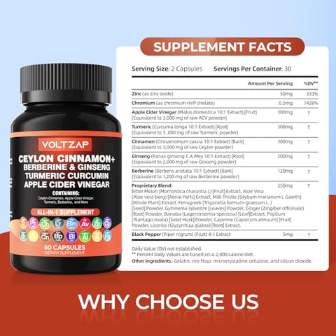 VOLTZAP - Canela do Ceilão 3000mg Cúrcuma 3000mg Ginseng 2000mg Berberina 1200mg: Incluindo Melão Amargo Gymnema Cardo de Leite Feno-Grego para Imunidade
