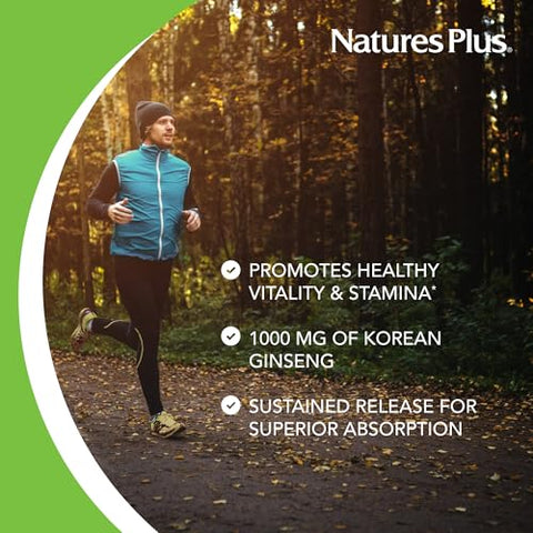 Natures Plus - NaturesPlus Herbal Actives Ginseng Coreano, Liberação Prolongada – 1000 mg, 30 Comprimidos Veganos – Suplemento Herbal Adaptogênico, Antioxidante – Vegetariano, Sem Glúten – 30 Porções