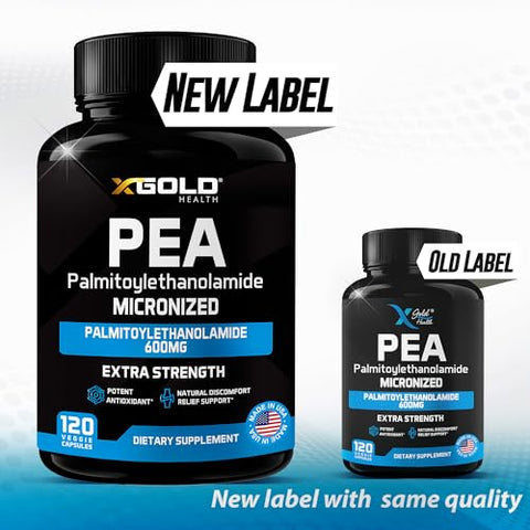 X Gold Health - Palmitoiletanolamida Suplemento 600 mg | PEA Micronizado 99%% Altamente Purificado e Bioacessível | Fabricado nos EUA | Para Homens e Mulheres – 120 Cápsulas