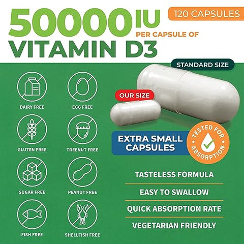 Vitamina D3 50000 UI – Saúde óssea e suporte imunológico – Cápsulas pequenas fáceis de engolir – Sem OGM, sem glúten – VIT D – Suplemento de vitamina D3 para mulheres e homens - ForestLeaf