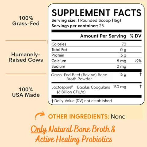 Proteína em Pó de Caldo de Osso Orgânico de Carne Bovina 100% Natural, Rico em Probióticos Ativos, Colágeno Peptídeo 15g de Proteína, Baixo Teor de Sódio, Benefícios para Pele, Cabelo, Articulações e Intestino - Paradise Naturals
