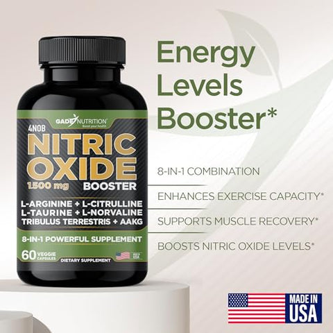 GADE NUTRITION BOOST YOUR HEALTH - Suplemento de Óxido Nítrico – Cápsulas de L-Arginina – Aumenta Energia e Resistência