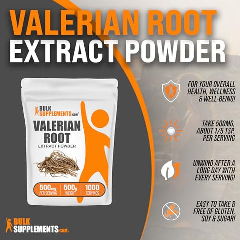 Valerian Root Extract Powder BulkSupplements.com – Pó de Raiz de Valeriana, Extrato de Valeriana – para Bem-Estar Geral, Sem Glúten, 500mg por Porção, 500g (1.1 lbs), Pacote de 1