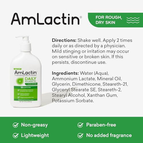 Daily Nourish 12%% – Loção Corporal 14.1 oz com 12%% de Ácido Lático – Esfoliante e Hidratante para Pele Seca (Embalagem Pode Variar) - AmLactin
