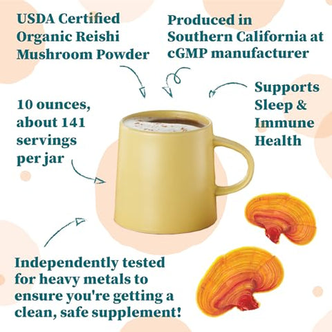Reishi Mushroom Powder Orgânico Certificado USDA, 283g, Sem GMO, Sem Glúten, Embalado na Califórnia, Ganoderma Lucidum/Lingzhi - Nature Restore