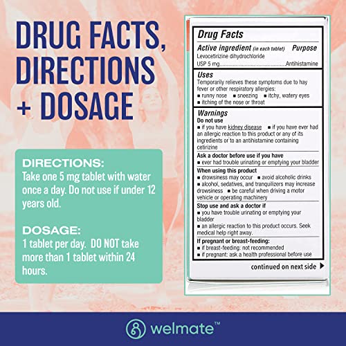 Genérico Xyzal Levocetirizina Dicloridrato 5mg | Não Sonolento | Ação Rápida | Suporte 24h | Coriza, Olhos Lacrimejantes, Espirros | Antialérgico | Alergia - WELMATE