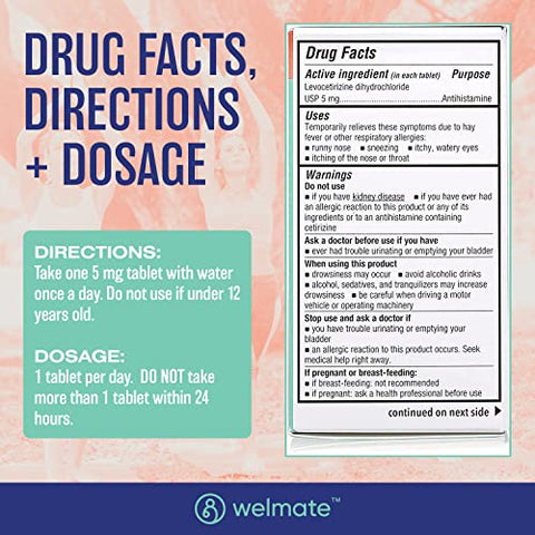 Genérico Xyzal Levocetirizina Dicloridrato 5mg | Não Sonolento | Ação Rápida | Suporte 24h | Coriza, Olhos Lacrimejantes, Espirros | Antialérgico | Alergia - WELMATE