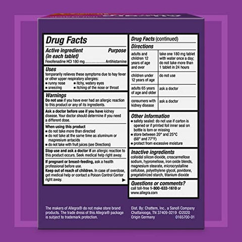 Adulto 24 Horas Comprimidos para Alergia, 180mg, 90 Comprimidos – Marca Allegra - Allegra