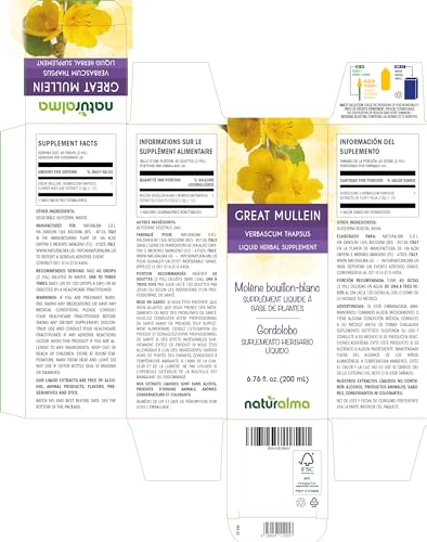 Flor e Folha de Verbascum thapsus (Molene) Naturalma – Tintura sem álcool – 200 ml – Extrato líquido em gotas – Vegano