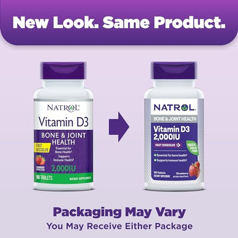 Suplemento de Vitamina D3 2.000 UI de Dissolução Rápida para Saúde Óssea e Articular – Suporte Ósseo – 90 Comprimidos – Fornecimento de 90 Dias - Natrol