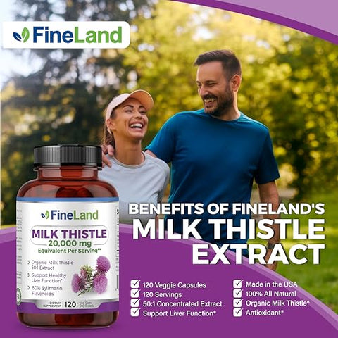 Extrato de Cardo Mariano Silymarin FineLand 50:1, Força Máxima 20.000mg Eq Por Cápsula, Limpeza e Desintoxicação do Fígado, Suporte à Saúde Hepática, Antioxidante, 120 Cápsulas Vegetais, 4 Meses