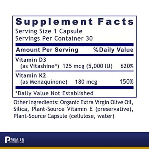 Suplemento de Vitamina D3 K2 | Suporte Ósseo e Saúde Cardíaca | Livre de Glúten – 5000 UI Suplementos Veganos – Qualidade Testada | 30 Fontes Vegetais - Premier Research Labs