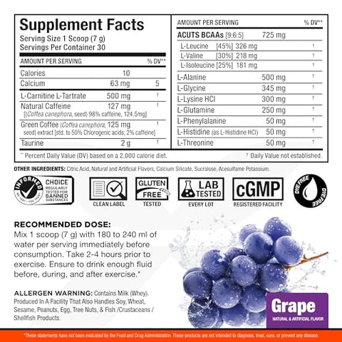 AMINOCUTS (ACUTS) – Bebida Energética Amino-Carregada com Taurina, L-Carnitina, Extrato de Café Verde, Sabor Uva, 30 Porções - ALLMAX Nutrition