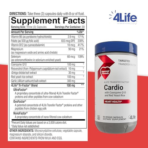 Transfer Factor Cardio – Suporte Sistêmico Direcionado com Ginkgo Biloba, Alho, Arroz de Levedura Vermelha e Resveratrol – 90 Cápsulas - 4Life