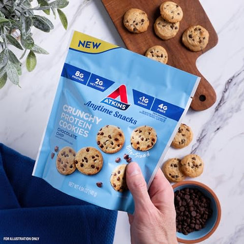 Cookies de Proteína Crocantes em Tamanho Mordida, Chocolate Chip, 8g Proteína, 4g Fibra, 1g Carboidrato Líquido, 1g Açúcar, Amigo da Dieta Keto, 3 Pacotes (5 Porções por Pacote) - Atkins