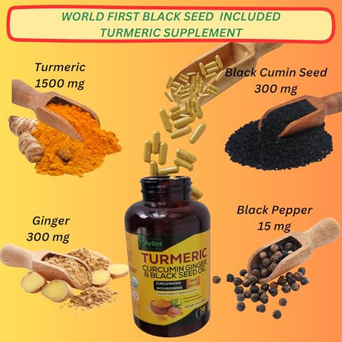 AyBet - WORLD 1st. Cúrcuma Curcumina Gengibre – Potente Antioxidante Natural – 100% Puro – 60 Cápsulas – 500mg – Marca de Qualidade