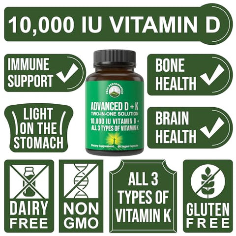 Advanced Vitamin D 10000 IU com todas as 3 formas de Vitamina K Cápsulas 10.000 IU Vitamina D3 e Vitaminas K2, K1, MK-7 (MK7), MK4. 60 Cápsulas Pequenas e Fáceis de - Peak Performance