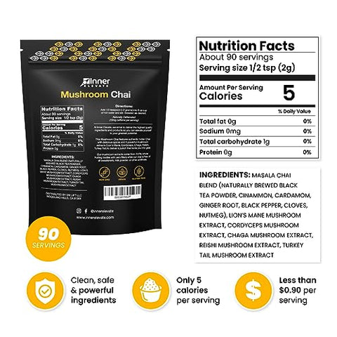 Mushroom Chai – Bebida de Chá de Cogumelo Adaptogênico com Lion’s Mane, Cordyceps, Chaga, Reishi, Turkey Tail (90 Porções) - Inner Elevate