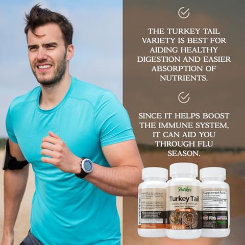 Parker Naturals - Cápsulas de Cogumelo do Rabo de Peru – Suplemento Orgânico de Cogumelo para Apoio à Saúde do Sistema Imunológico – 1000 mg de Suplementos Premium de Cogumelo – 120 Cápsulas