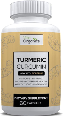 Vita Organics - Cúrcuma Curcumina c/ Extrato de Pimenta Preta BioPerine para Suporte à Saúde das Articulações, Mobilidade, Prevenção do Desgaste Natural 60 Cápsulas Vegetais, Fabricado nos EUA
