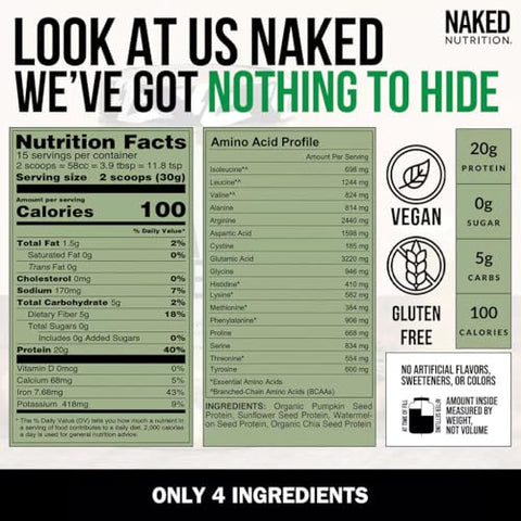 Naked Nutrition - Naked Seed – Pó de Proteína de 4 Sementes, 4 Ingredientes – Chia, Melancia, Girassol e Abóbora – Sem Glúten, Sem Soja, Vegano, Sem OGMs, Sem Adoçantes Artificiais – 15g