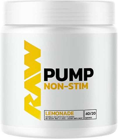 Pump Estimulante Grátis Pré-Treino | Pó de Suplemento Pré-Treino Sem Estimulantes, Potencializador de Óxido Nítrico | Bebida de Suplementos Pré-Treino para Durante o Treino | (40 Porções) (Limão) - RAW
