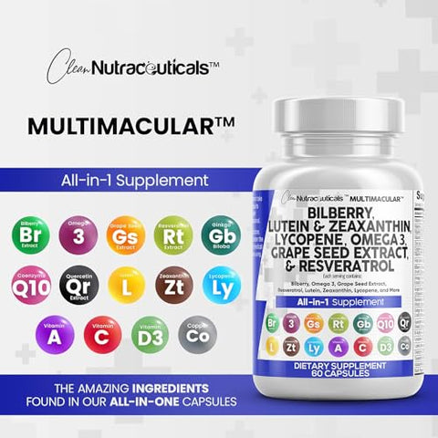 Clean Nutraceuticals - Vitaminas para a saúde ocular com Mirtilo 6000mg Luteína – Marca: Eye Health
